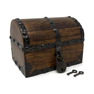 Imagem de Nautical Cove Baú de tesouro de madeira com acabamento antigo com rebites decorativos e tiras de ferro de reforço com cadeado e chaves de esqueleto (antiguidade escura, PP 14 x 10 x 10)