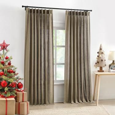 Imagem de Central Park Painel de cortina com filtro de luz plissado com forro para sala de estar, cortina de tratamento de janela texturizada mesclada de linho para quarto com ganchos de abas traseiras, marrom