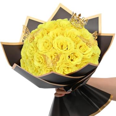 Imagem de Waipfaru Buquê de rosas com glitter, buquê de flores falsas amarelas faça você mesmo, 36 peças de rosas para avó, esposa, namorada, dia das mães, aniversário, formatura