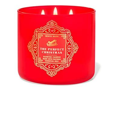 Imagem de Bath & Body Works, White Barn The Perfect Christmas Vela de 3 pavios com óleos essenciais - 411 g - A arte de arte da etiqueta de Natal perfeita varia