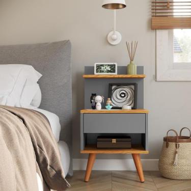 Imagem de Mesa de Cabeceira Para Quarto Pés Palito Retrô 1 Gaveta Sleep - Cinza/