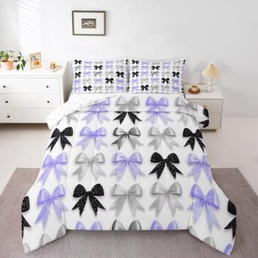 Imagem de Feelyou Jogo de cama Queen com laço fofo, edredom com laço, kawaii, roxo e preto, para decoração de quarto de princesa, respirável, macio e leve, com 2 fronhas