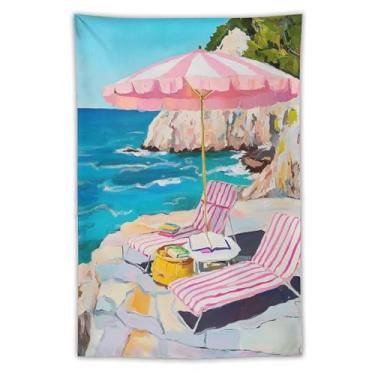 Imagem de Tapeçaria rosa para guarda-sol e cadeiras, penhasco costeiro, vista para o oceano, pintura a óleo, vibrante, decoração de parede, tema de praia, decoração de casa para quarto, sala de estar, ambiente