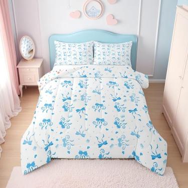 Imagem de Erosebridal Conjunto de cama queen com laço azul e branco para meninas | Conjunto de edredom de gravata borboleta azul e branco para crianças, adolescentes, colcha de gravata borboleta fofa, laço de
