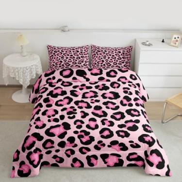 Imagem de Jogo de cama infantil, guepardo, tamanho Queen, leopardo, animal selvagem, casa de fazenda, moderno, edredom moderno, rosa, preto, 2 fronhas
