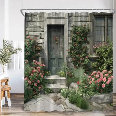 Imagem de Cortina de chuveiro com paisagem de jardim, flor, floral, planta, pátio, cenário, decoração de banheiro, moderno, tecido de poliéster, cortina de banheira 113 x 220 cm/LxA, cortinas de banheiro para