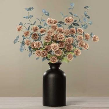 Imagem de DuHouse Flores artificiais para vaso Kiku 8 hastes e 2 eucaliptos, hastes de flores falsas para buquês de casamento faça você mesmo, centro de mesa, decoração de cozinha