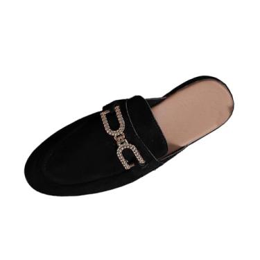 Imagem de Sandálias rasteiras femininas com enfeites de estilo étnico, meio chinelos confortáveis para uso casual ao ar livre., Preto, 34