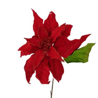 Imagem de Flor Artificial Natalina Poinsétia Veludo Vermelha Com Haste 55cm