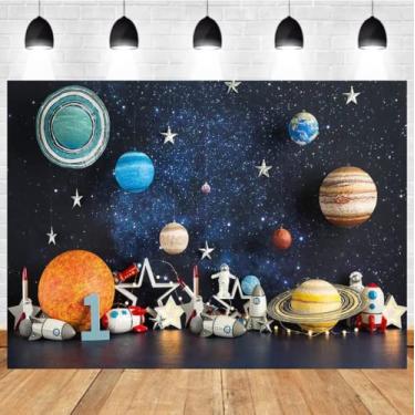 Imagem de Pano de fundo para fotografia do espaço sideral, universo, planeta, estrela, galáxia, astronauta, foguete infantil, decoração de festa de aniversário, decoração de festa de aniversário, bandeira, 2,4