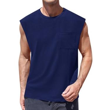 Imagem de ZIWOCH Camiseta regata masculina sem mangas para treino e academia muscular com bolso, Azul marino, 3G