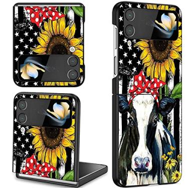 Imagem de BWOOLL Capa para celular Samsung Galaxy Z Flip 4, Slim Fit Hard PC à prova de choque dobrável elegante capa protetora para Samsung Galaxy Z Flip 4 5G 2022, bandeira americana e vaca girassol