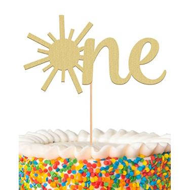 Imagem de MYAMPED Sun One Cake Topper - Suprimentos de decoração de bolo de primeiro aniversário dourado com glitter, adequado para lembrancinhas de chá de bebê, revelação de gênero de bebê, festa de