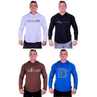 Imagem de Kit 4 Camisetas Manga Longa com Touca Longline Estampada Fitness Musculação Dia-a-Dia-Masculino