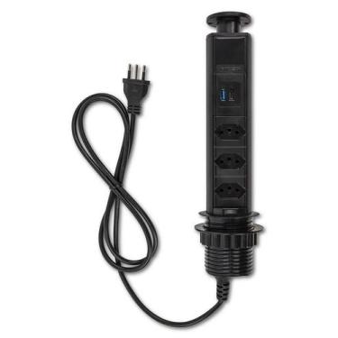 Imagem de Mini Torre De Tomada Embutir 3 Elétricas 20A + USB-C Preta - QTMOV