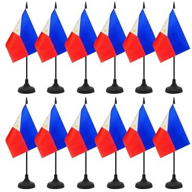 Imagem de Conjunto de 12 bandeiras de mesa filipinas, bandeira de escritório de mesa filipina, pequena bandeira de mesa em miniatura com mastro preto e base preta, sala de aula, decoração de mesa de reunião de