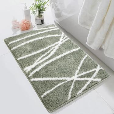 Imagem de Tititex Tapete de banheiro luxuoso, verde sálvia, branco, curvado, 61 x 91 cm, tapetes de banho de microfibra extra macios e absorventes, tapete de banho felpudo antiderrapante, tapetes de banho para