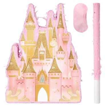 Imagem de JOARHONAL Princess Castle Pinata - Rosa Castle Pinata Com Venda E Bastão Para Meninas Crianças Tema Princesa Decorações De Jogos De Festa De Aniversário (16,7"X11,8"X3")