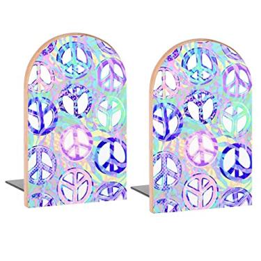Imagem de Sem costura Tie Dye Peace Pattern Book Ends Decorativo Madeira Bookends para Prateleiras Quarto de Crianças Mesa Home Office Rolhas de livros para revistas, livros, DVDs, 1 par/2 peças (12,7 x 7,9 cm)