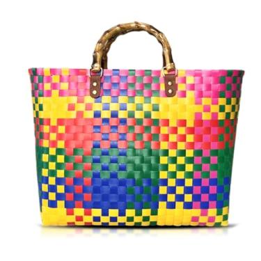 Imagem de QTKJ Sacola de palha, bolsa de praia de grande capacidade, bolsa quadrada boho cesta com bolsa de mão de bambu (cor )