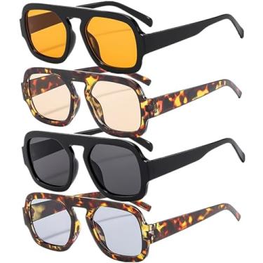 Imagem de pipajoy Óculos de sol aviador quadrados modernos para mulheres e homens, design de topo plano, armação elegante, óculos de sol vintage, Pacote com 4 lentes marrons armação tartaruga lente azul armação
