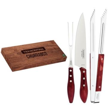 Imagem de Jogo Trinchante Tramontina com Lâminas em Aço Inox e Cabos de Madeira Tratada Polywood Vermelho 03 Peças