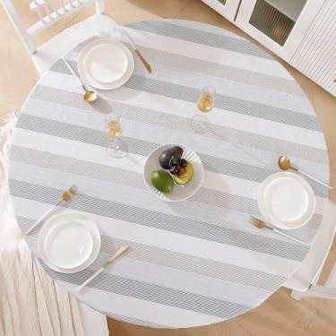 Imagem de Toalha de mesa redonda de vinil com forro de flanela, design de borda elástica, impermeável, à prova de óleo, toalha de mesa de PVC resistente a manchas, melhor para 144,8 cm a 167,6 cm redonda
