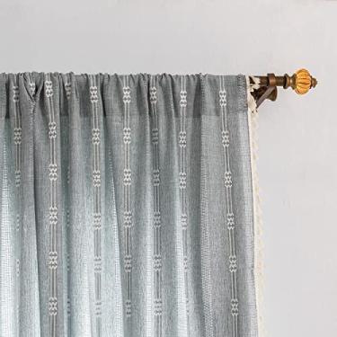 Imagem de Cortinas de linho listradas bordadas 213 cm de comprimento, 2 painéis para quarto - Filtro de luz boêmio para sala de estar (132 cm L x 213 cm C (pacote com 2), bordado azul)