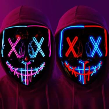 Imagem de Halloween LED Light-Up Mask | Scary Glowing Design for Cosplay, Costume Parties, Masquerade & Carnival (Ideal Gift) (Red/Blue+Ulue/Pink 2pack)