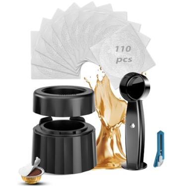 Imagem de SWEETDEER Cápsulas reutilizáveis e kit recarregáveis para Vertuo, 110 tampas de folha de alumínio, compatível com Nespresso Vertuo e Vertuoline, kit de cápsulas de café com cortador de tampa, suporte