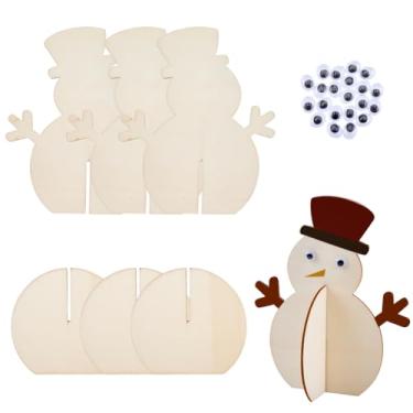 Imagem de SOFPLATE 6 peças de bonecos de neve de madeira inacabados DIY kits de Natal de madeira com olhos cabochão vazado 3D inverno figuras pequenas enfeites de centro de mesa para mesa de Natal prateleira de