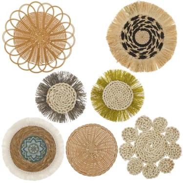 Imagem de FALESOUL Conjunto de 7 cestos de parede Boho para decoração de cestas de parede, decoração de parede de tecido pendurado, alga marinha feita à mão, vime, boho, decoração de parede para casa de fazenda