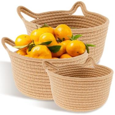 Imagem de LCZNXJJY Cesta pequena de tecido, cesta de armazenamento fofa com alça de orelha de gato, cesta de corda de algodão decorativa para bebê, caixa organizadora para prateleiras boêmias, quarto, sala de
