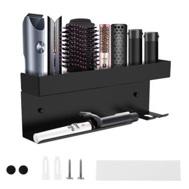 Imagem de Suporte de alumínio para secador de cabelo com compartimento de plugue dedicado, organizador de ferramentas para pentear cabelo espesso de camada dupla, sem broca ou parafusado na parede, suporte de