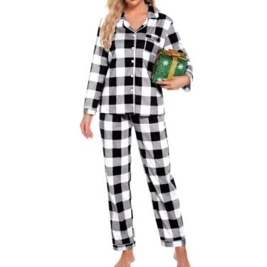 Imagem de Pijama feminino SWOMOG de manga comprida com botões S-XXL