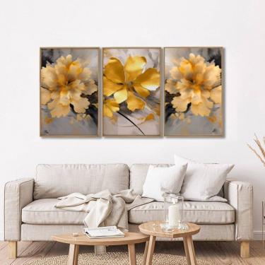 Imagem de Quadro Decorativo Abstrato Floral Amarelo 3 Telas 60x90 para Sala Quarto Escritório