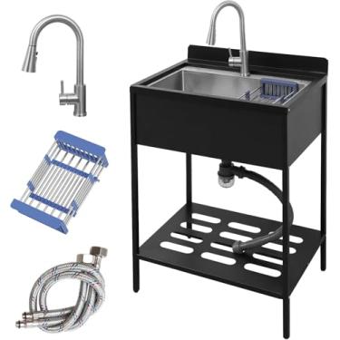 Imagem de Pia utilitária de lavanderia portátil independente de aço inoxidável com água fria e quente com torneira de armário, cozinha externa, pia utilitária preta