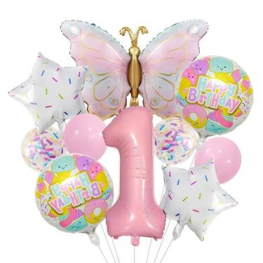 Imagem de Conjunto de balões Foil Butterfly and Donut Pink 10 unidades +1 número