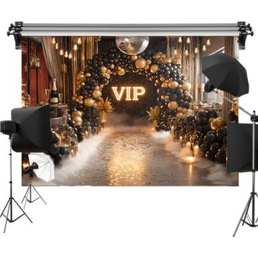 Imagem de Pano de fundo de poliéster para festa VIP de 1,8 x 1,8 m, arco de balão preto e dourado com placa de luz neon, bola de discoteca, piso de neblina e decorações de festa glamorosas, fundo de fotografia