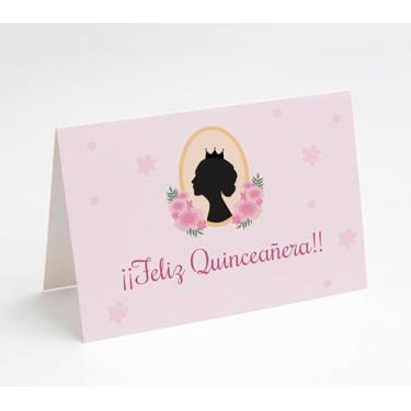 Imagem de M Market On Mainstreet Cartão de felicitações Feliz Quinceañera – Design elegante de silhueta rosa com detalhes florais – Cartolina premium, envelope de coordenação incluído – Projetado e fabricado