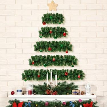 Imagem de Jenaai Árvore de Natal para pendurar na parede de 2,6 m, árvore de Natal de pinheiro artificial, decoração de Natal com estrela de madeira e bola vermelha e verde, sino dourado para sala de estar