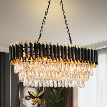 Imagem de MSSIAN Lustres de cristal modernos para sala de jantar lustre preto e dourado sala de estar 8 luzes pingente luminária oval contemporânea de teto para cozinha ilha bar L81 cm