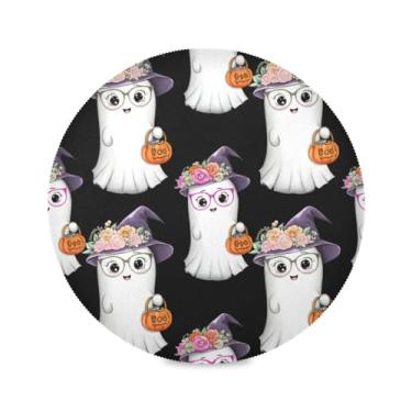 Imagem de Wassud Jogo americano de Halloween Boo e chapéus de flores tapetes de mesa redondos para cozinha e jantar tapetes laváveis resistentes ao calor decoração de mesa 39 cm