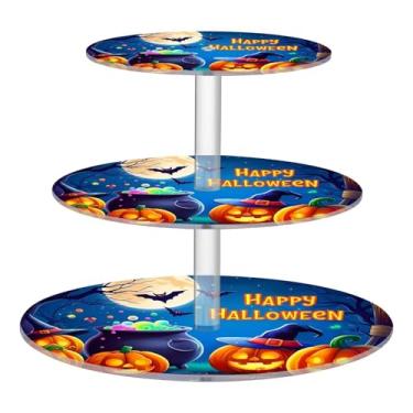 Imagem de CEBUGI Suporte de cupcake de 3 camadas brilhante Jack-o-Lantern Abóboras Suporte redondo para bolo torre bandeja de servir em camadas de acrílico para festa de chá, chá de bebê, casamento e mais