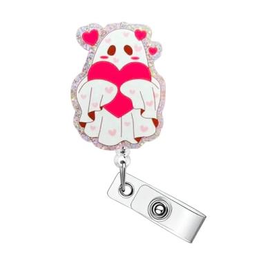 Imagem de Carretel de crachá de fantasma de coração amoroso, carretéis de crachá de dia dos namorados, retrátil, clipe de acrílico, porta-crachá de identificação de dia dos namorados com clipe retrátil, suporte