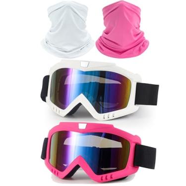 Imagem de immoono Pacote com 2 óculos Dirt Bike – Óculos de corrida para motocicleta, quadriciclo, equitação, esqui, à prova de vento, lentes coloridas com armação rosa e branca