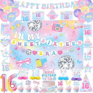 Imagem de KOTLMIGHT 16th ERA Birthday Decorations for Girls, Black Birthday Party Decor Supplies for 16 Year Old Boy - Backdrop, Banner, Balloons, Tablecloth, Centerpieces, Hanging Swirl, Hat, Wall Signs