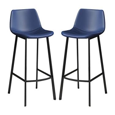 Imagem de Banquetas de bar de metal, conjunto de 2 banquetas de metal preto com altura para balcão de couro PU, cadeiras de ilha de cozinha, bancos de bar industriais, pub com encosto e apoio para os pés