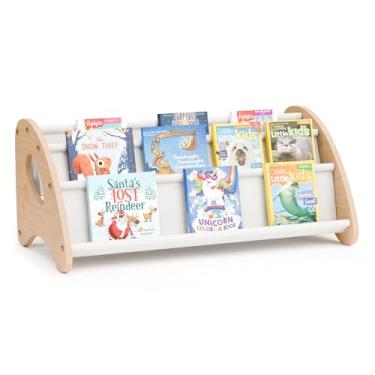 Imagem de yoopin Estante de livros infantil, organizador de livros de 4 camadas com bolsos de armazenamento de tecido, estantes de madeira com visor frontal aberto, prateleira de livros Montessori para berçário