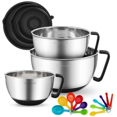 Imagem de Rorence Conjunto de tigelas de mistura de aço inoxidável: tigela de mistura de metal com tampas e alças tigelas de encaixe de fundo de silicone antiderrapante para cozinha conjunto de 3
